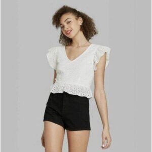 Women's Flutter Short Sleeve Eyelet White Crop Top With Ruffle Hem Size Medium
